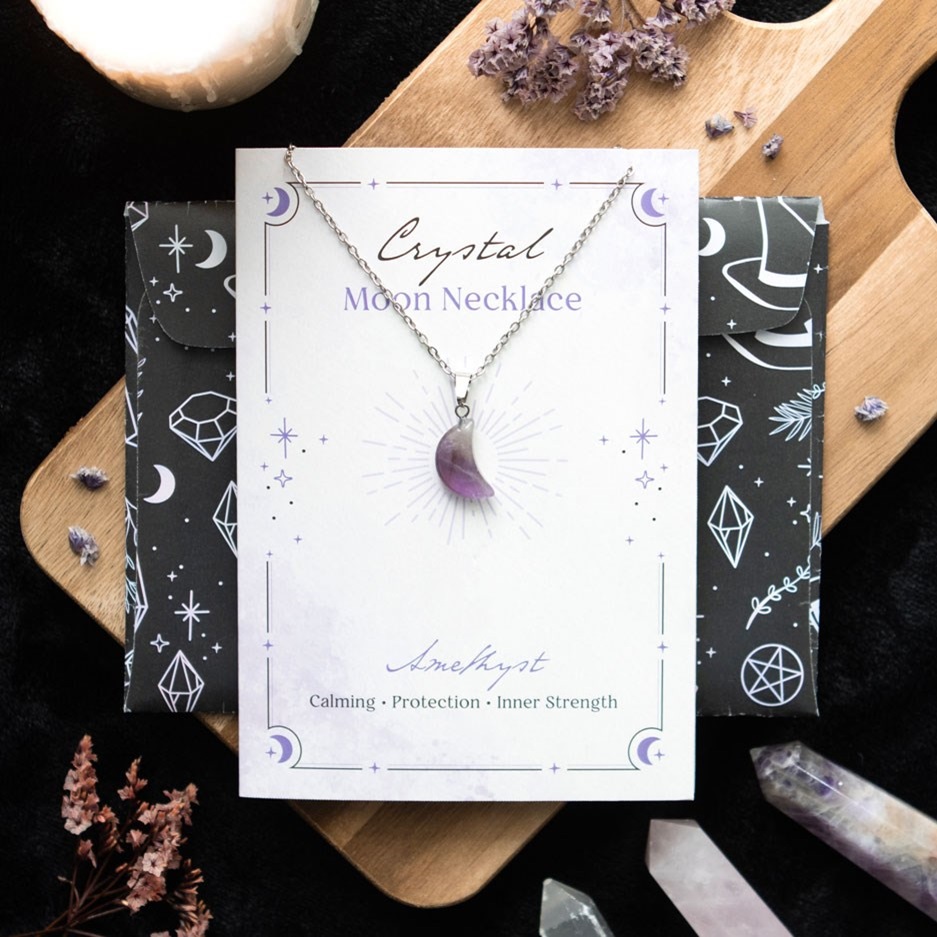 Crystal Moon Necklace on Greeting Card Amethyst