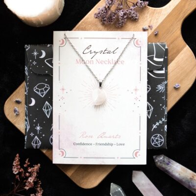 Crystal Moon Necklace on Greeting Card Rose Quartz