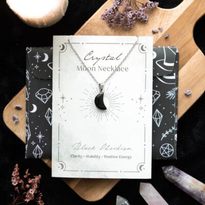 Crystal Moon Necklace on Greeting Card Black Obsidian