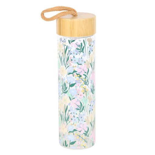 Ditsy Floral Print Glass & Bamboo Water Bottle - Image 3