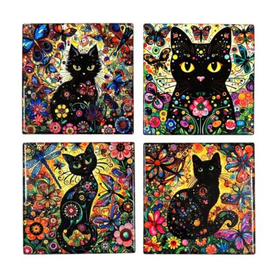 Floral Cat Ceramic Coaster Set 4