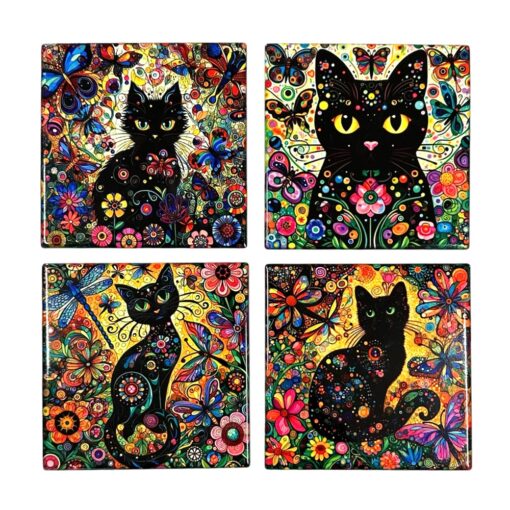 Floral Cat Ceramic Coaster Set 4