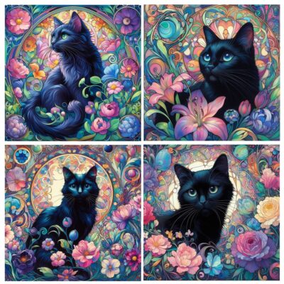 Black Cat Ceramic Coaster Set 4