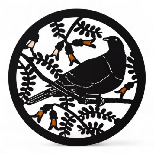 Kereru Round with Kowhai Metal Wall Art Black