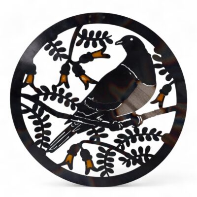 Kereru Round with Kowhai Metal Wall Art Black