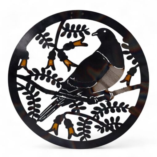 Kereru Round with Kowhai Metal Wall Art Black