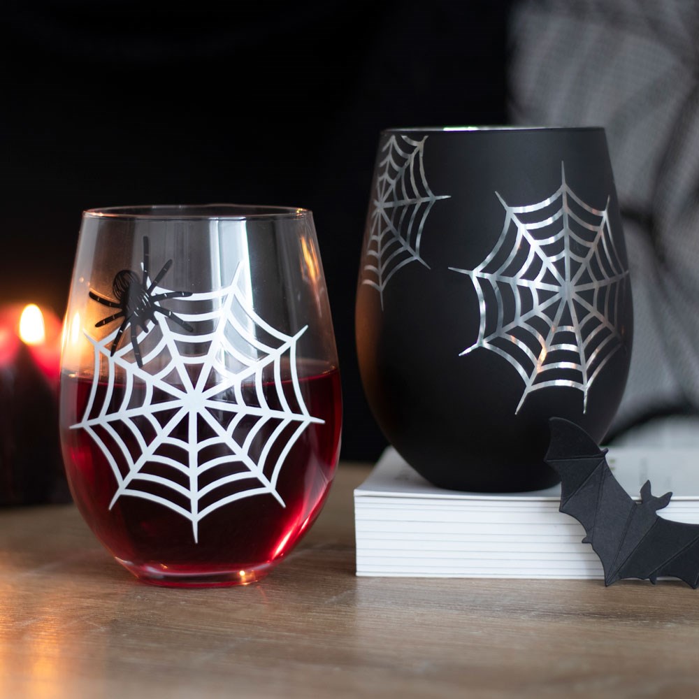 Set of 2 Spider and Web Stemless Wine Glasses - Image 2